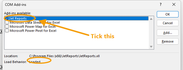Excel COM Add-ins dialog with Jet Reports ticked, showing Location JetReports.xll and Load Behavior Loaded.